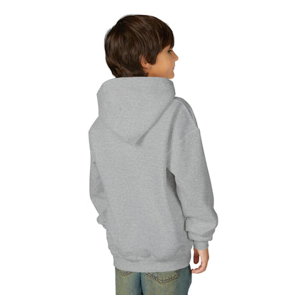 The same boy seen from behind in the grey hoodie, showing the plain back and the hood.