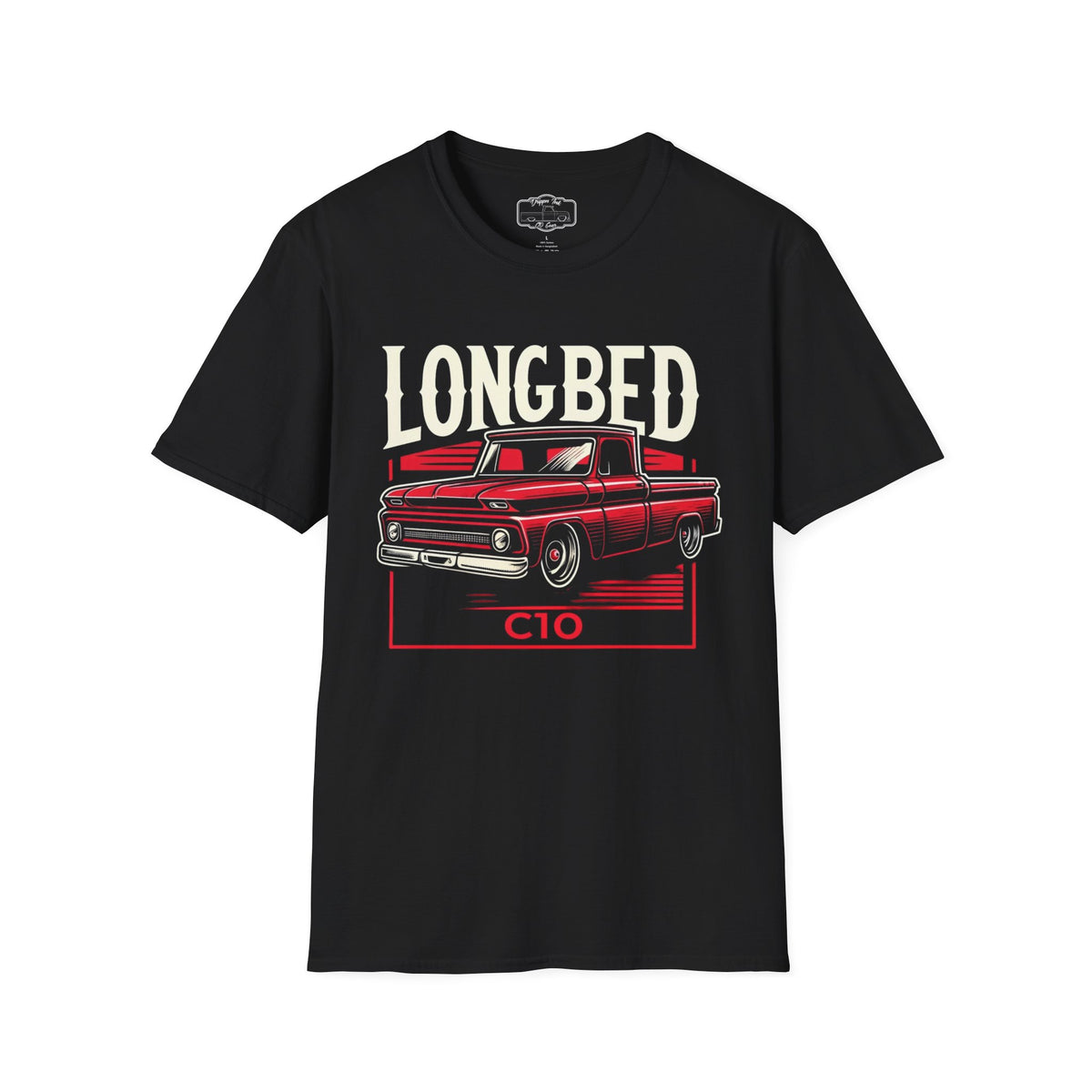 Black t-shirt laid flat with a large chest print reading Longbed above a red classic pickup truck with a C10 badge below it.