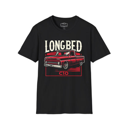 Black t-shirt laid flat with a large chest print reading Longbed above a red classic pickup truck with a C10 badge below it.