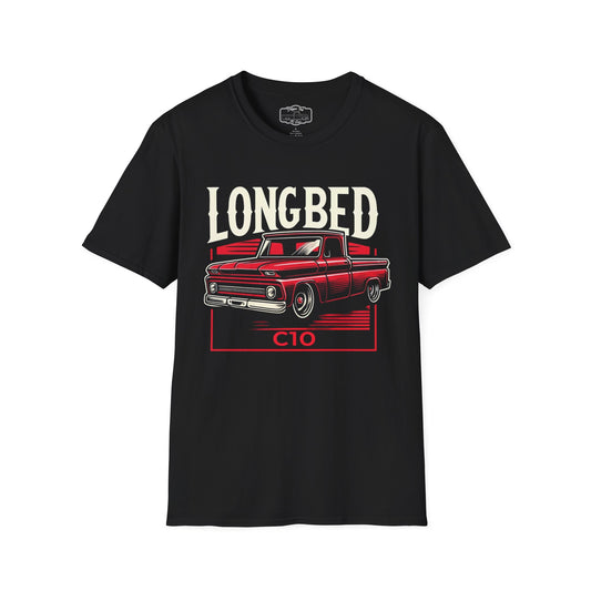 Black t-shirt laid flat with a large chest print reading Longbed above a red classic pickup truck with a C10 badge below it.