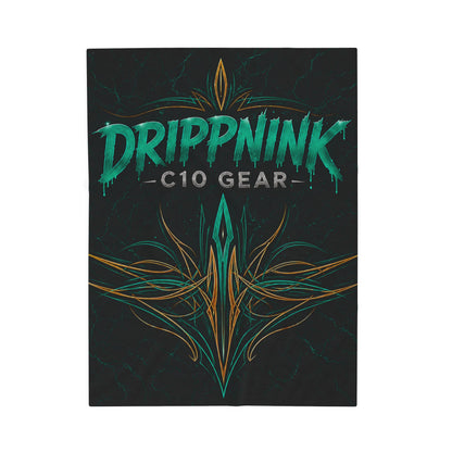 Black velveteen plush blanket featuring teal tribal pinstriping and DrippnInk C10 Gear Chevy-inspired automotive artwork