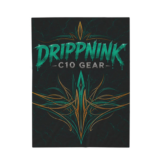 Black velveteen plush blanket featuring teal tribal pinstriping and DrippnInk C10 Gear Chevy-inspired automotive artwork