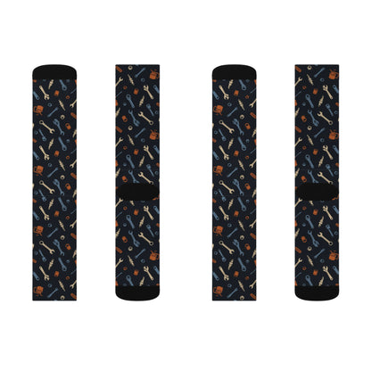 Drippn Ink Garage Tools Crew Socks, Vintage Wrench and Spark Plug Pattern, Mechanic Gift, Classic Truck Garage Style