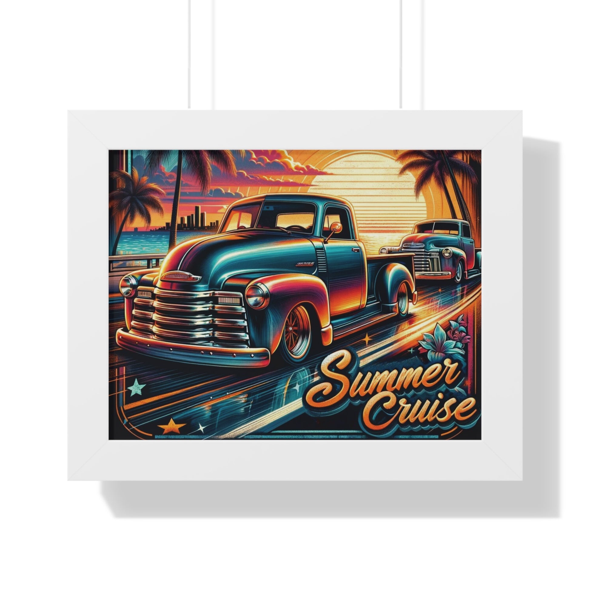 This vibrant and nostalgic poster, titled "Summer Cruise," features a classic car scene with two vintage trucks cruising along a coastal highway during a picturesque sunset. The design radiates a retro vibe with its vivid colors, stylized palm trees, and a city skyline in the background. The sunset casts a warm glow, enhancing the glossy finish of the trucks. The artwork is adorned with playful stars and tropical flowers, emphasizing a carefree summer spirit.