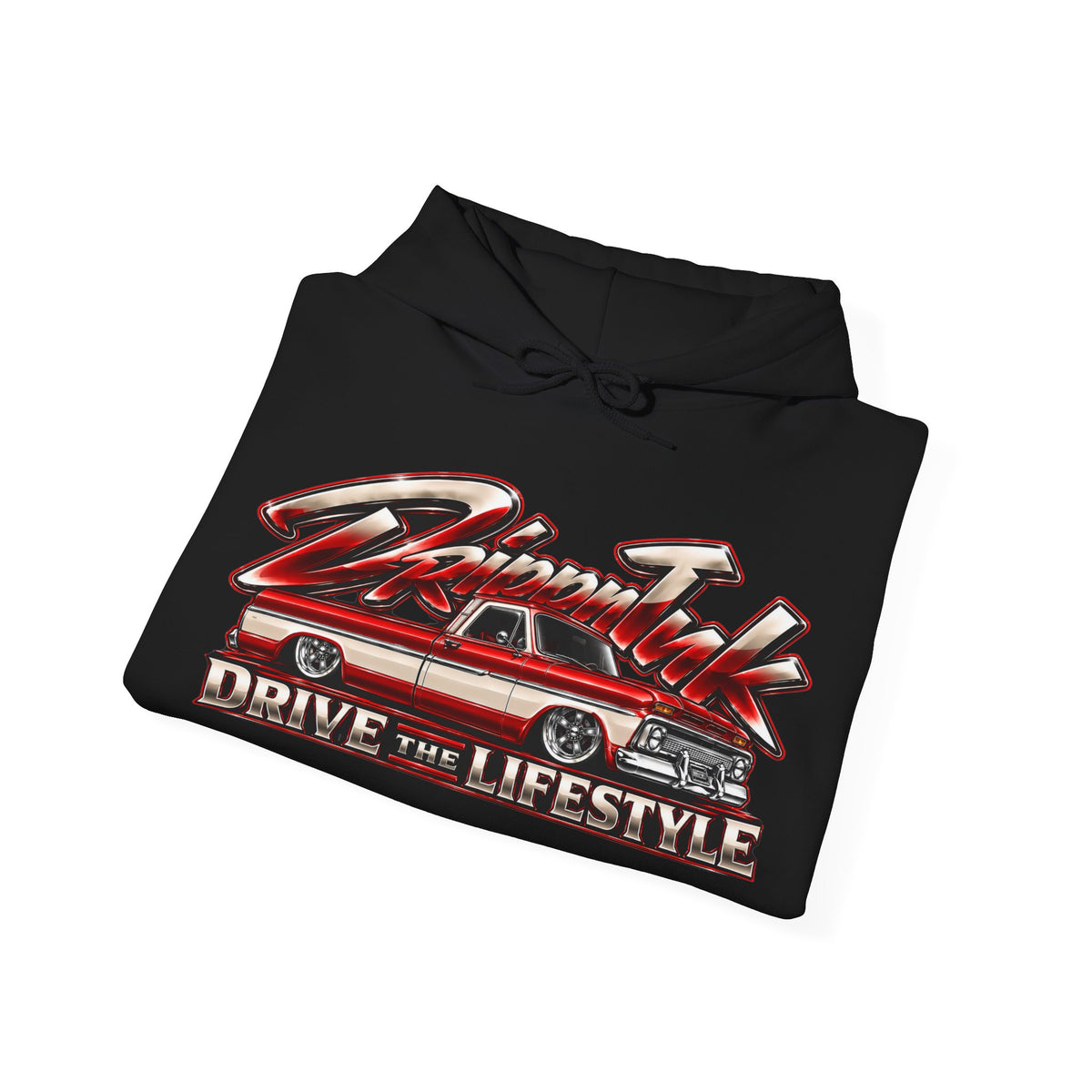 Drippn Ink Drive the Lifestyle black hoodie with a slammed red and white two tone Chevy C10 pickup truck graphic