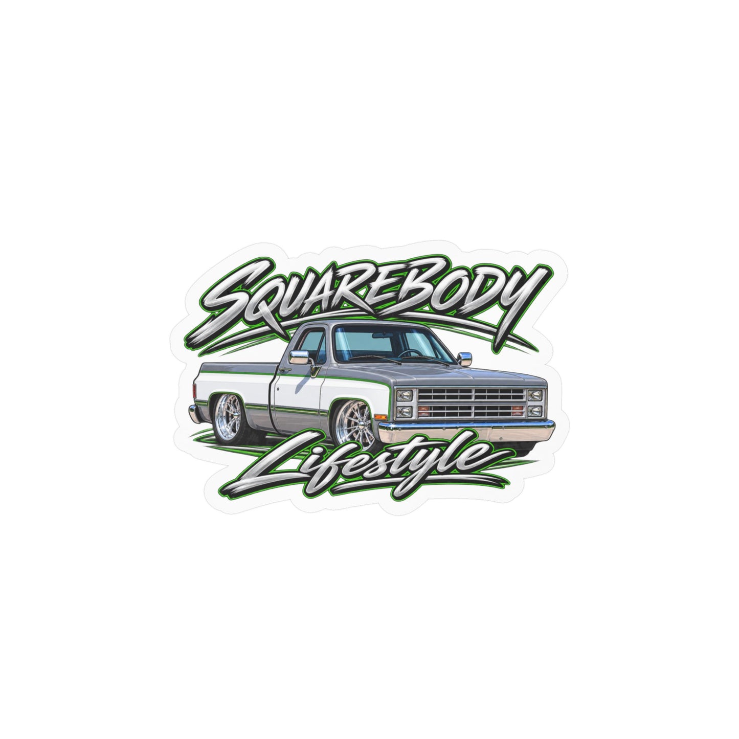 Chevy squarebody sticker showing a slammed 1980s C10 in silver and white with green pinstripes on polished billet wheels, kiss-cut vinyl decal by Drippn Ink