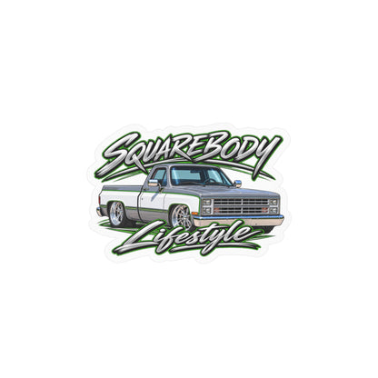 Chevy squarebody sticker showing a slammed 1980s C10 in silver and white with green pinstripes on polished billet wheels, kiss-cut vinyl decal by Drippn Ink
