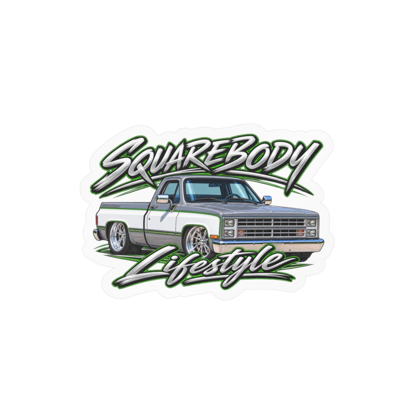 Chevy squarebody sticker showing a slammed 1980s C10 in silver and white with green pinstripes on polished billet wheels, kiss-cut vinyl decal by Drippn Ink