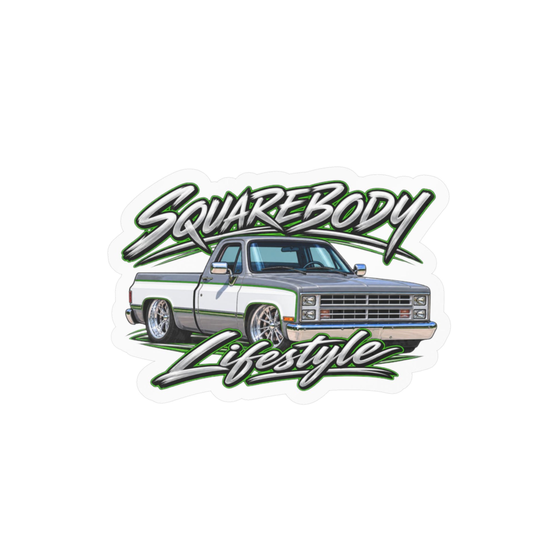 Chevy squarebody sticker showing a slammed 1980s C10 in silver and white with green pinstripes on polished billet wheels, kiss-cut vinyl decal by Drippn Ink