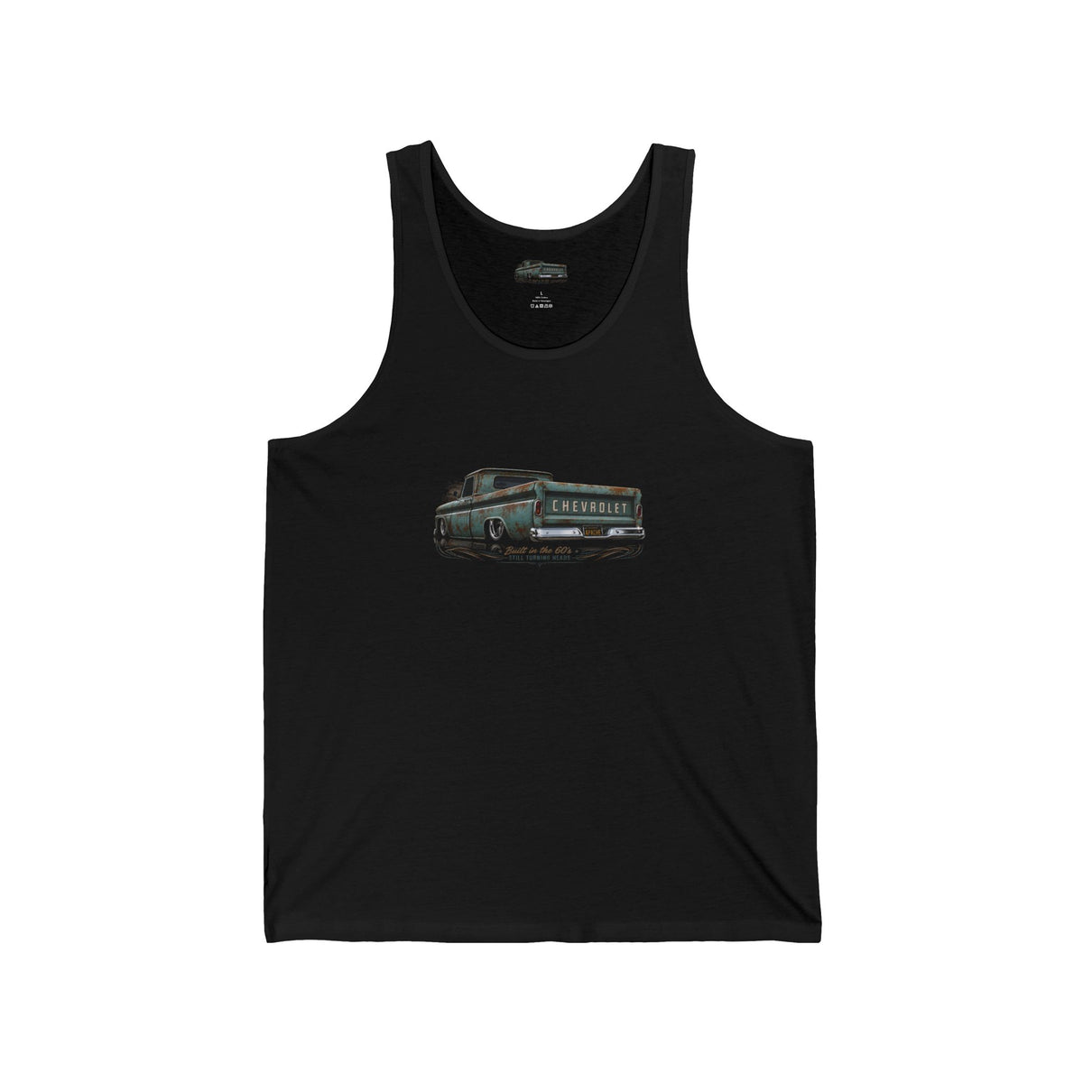 Black tank top seen from the front with a small chest print of a classic pickup truck in grey and teal, side view.