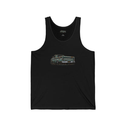 Black tank top seen from the front with a small chest print of a classic pickup truck in grey and teal, side view.