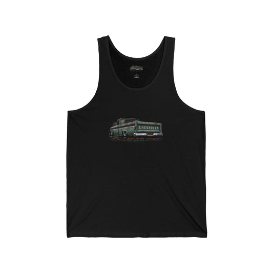 Black tank top seen from the front with a small chest print of a classic pickup truck in grey and teal, side view.