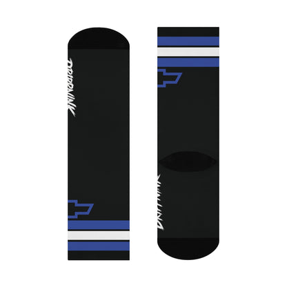 DrippnInk Bowtie Stripe Crew Socks — Chevy Blue Garage Edition