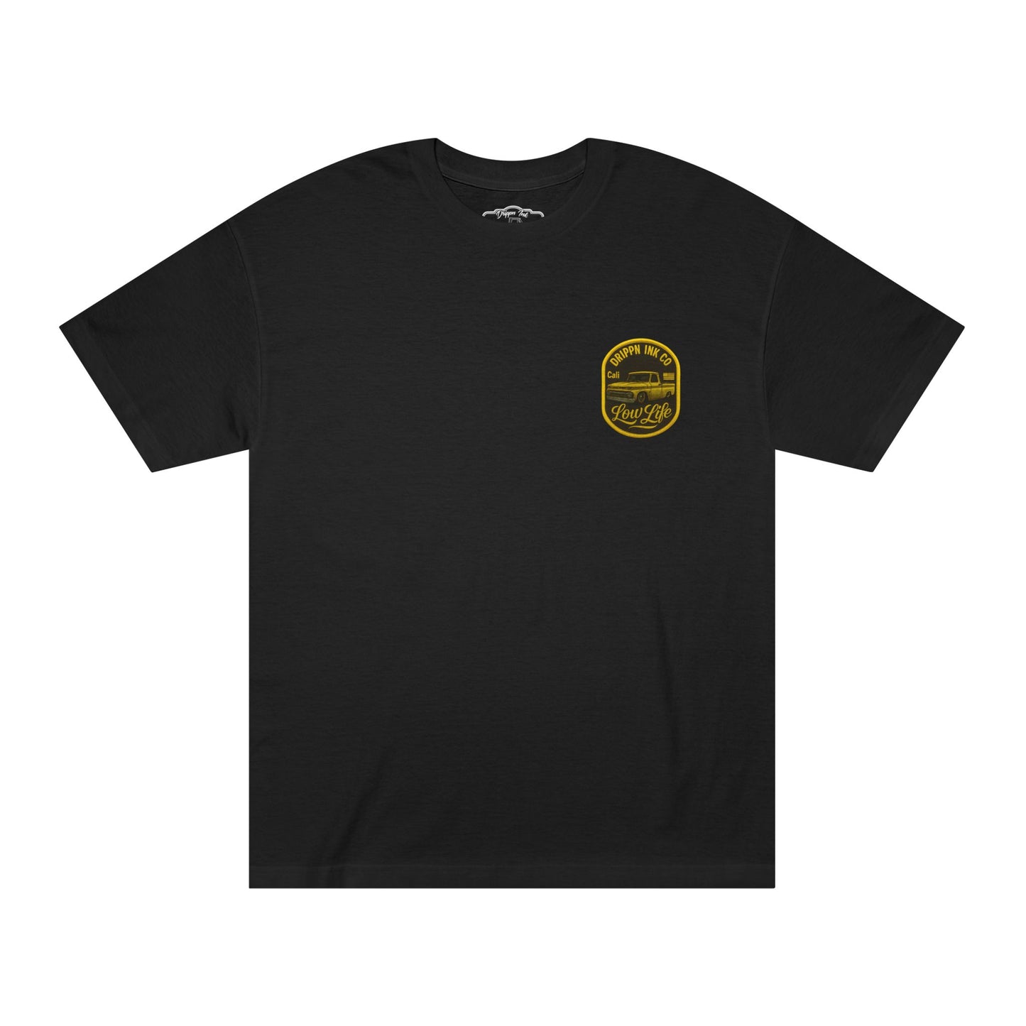 Black t-shirt, front view, with a small left chest print of a gold Drippn Ink Co badge showing a lowered classic pickup truck.