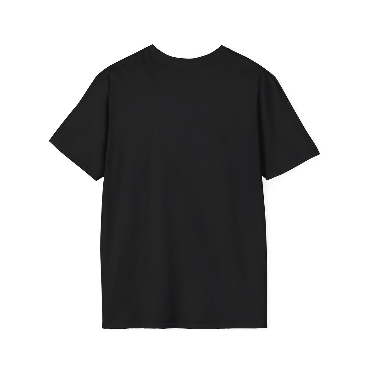 Back of the black t-shirt, plain with no print.