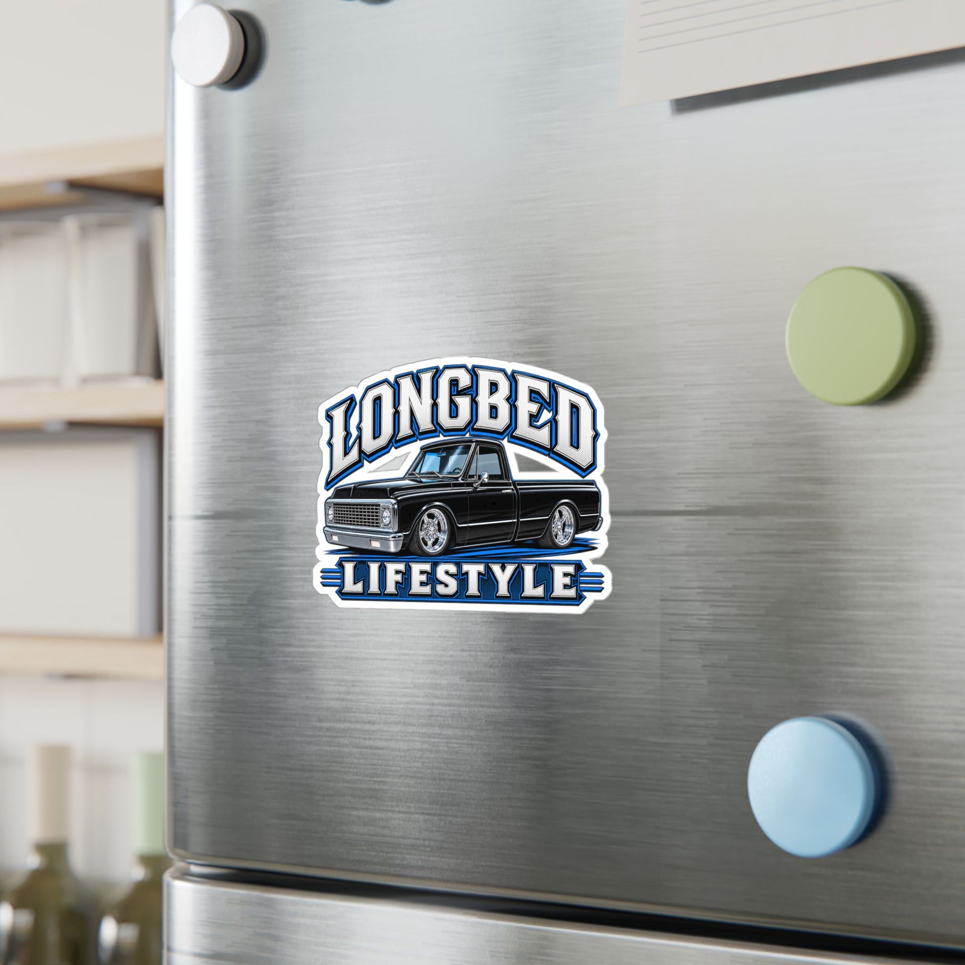 Chevy C10 longbed sticker showing a slammed 1970s truck in black with chrome trim on polished five spoke wheels, kiss-cut vinyl decal by Drippn Ink