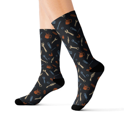Drippn Ink Garage Tools Crew Socks, Vintage Wrench and Spark Plug Pattern, Mechanic Gift, Classic Truck Garage Style
