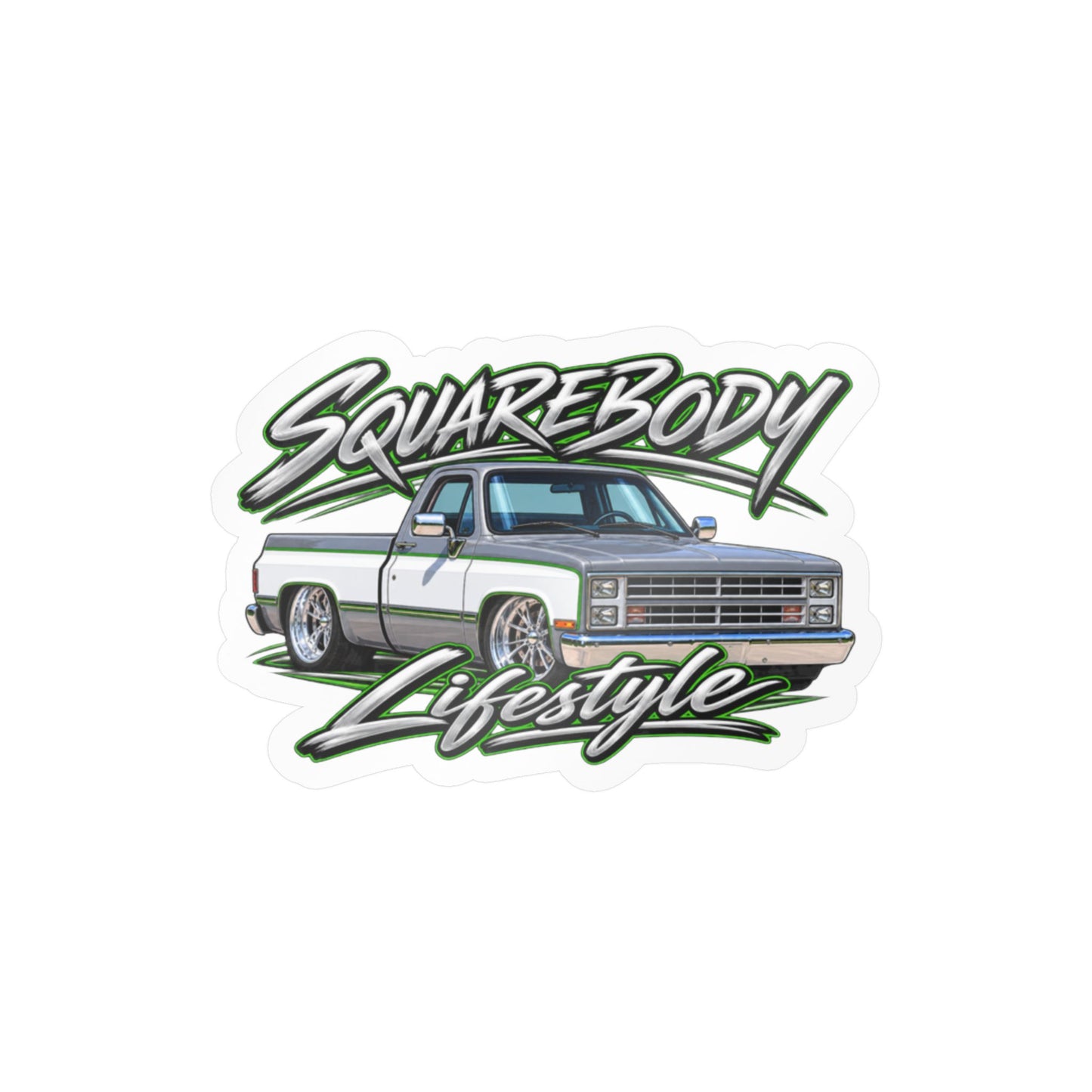 Chevy squarebody sticker showing a slammed 1980s C10 in silver and white with green pinstripes on polished billet wheels, kiss-cut vinyl decal by Drippn Ink