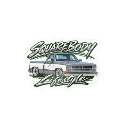 Chevy squarebody sticker showing a slammed 1980s C10 in silver and white with green pinstripes on polished billet wheels, kiss-cut vinyl decal by Drippn Ink