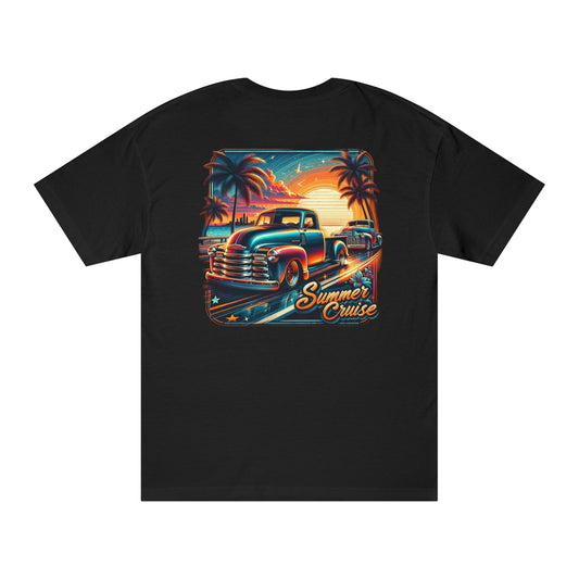 Back of the black t-shirt with a large square print of a classic pickup truck parked by a beach at sunset, palm trees behind it and Summer Cruise in script.