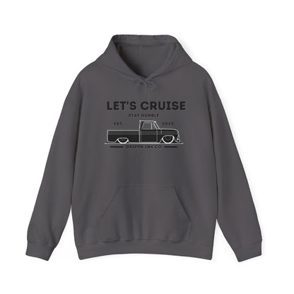 Charcoal hooded sweatshirt with the LET'S CRUISE Stay Humble chest print and slammed Chevy C10 line art