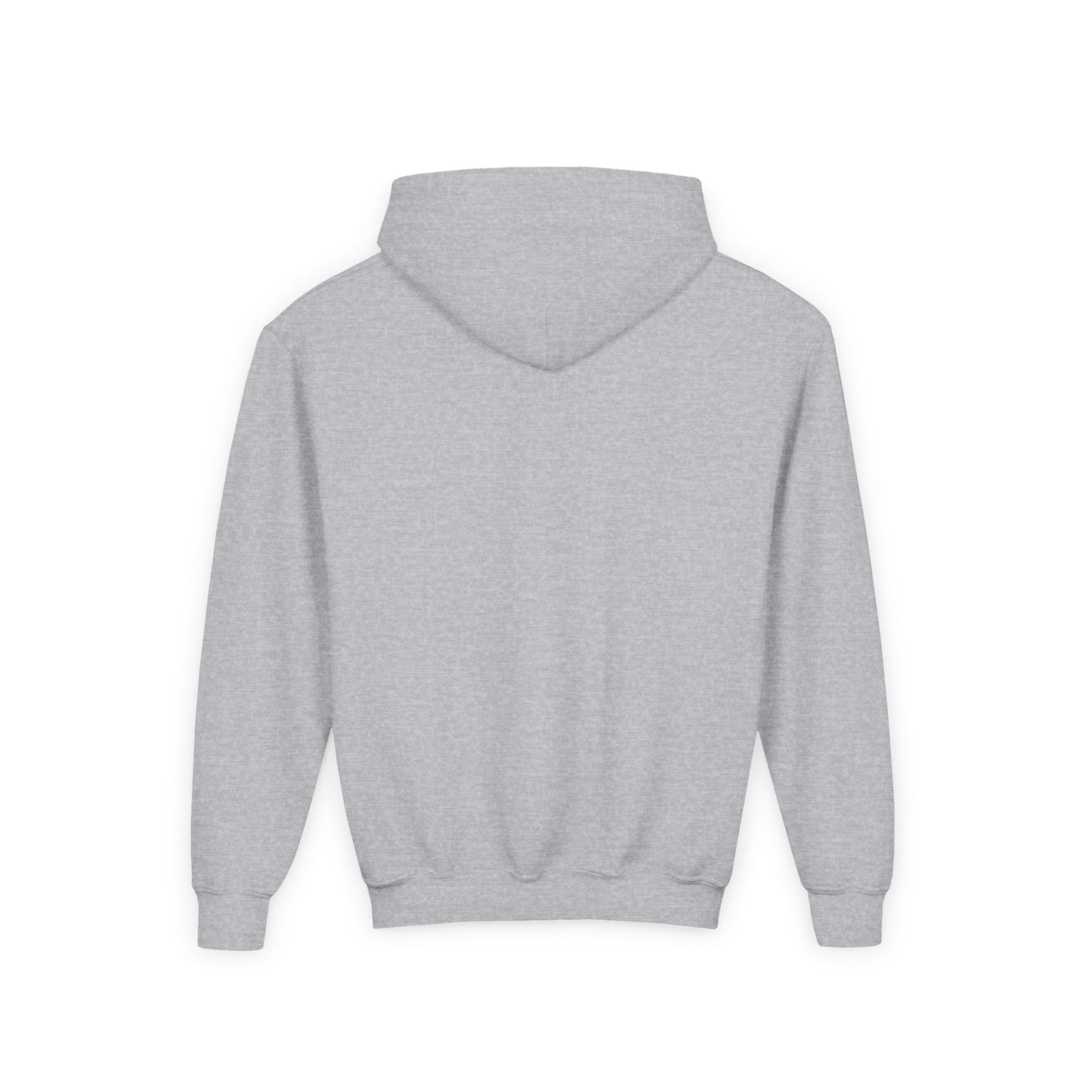 Back of the grey kids hoodie, plain with no print.