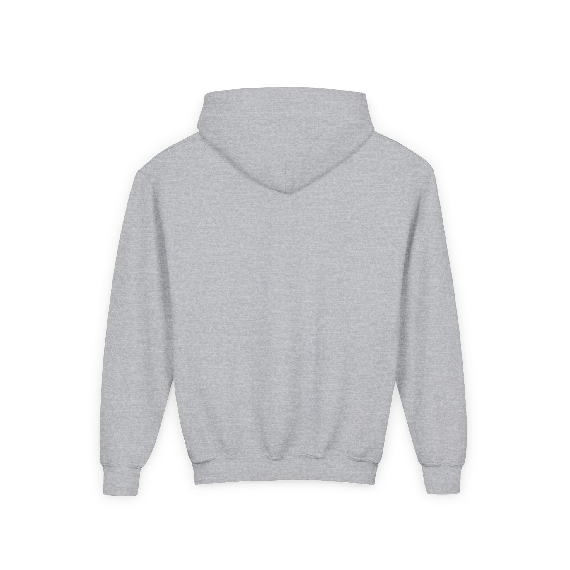 Back of the grey kids hoodie, plain with no print.