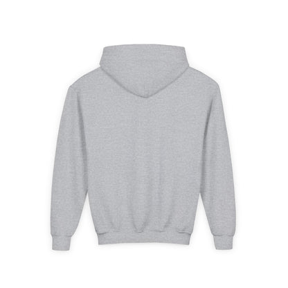 Back of the grey kids hoodie, plain with no print.