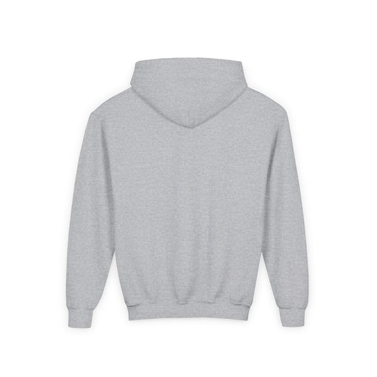 Back of the grey kids hoodie, plain with no print.