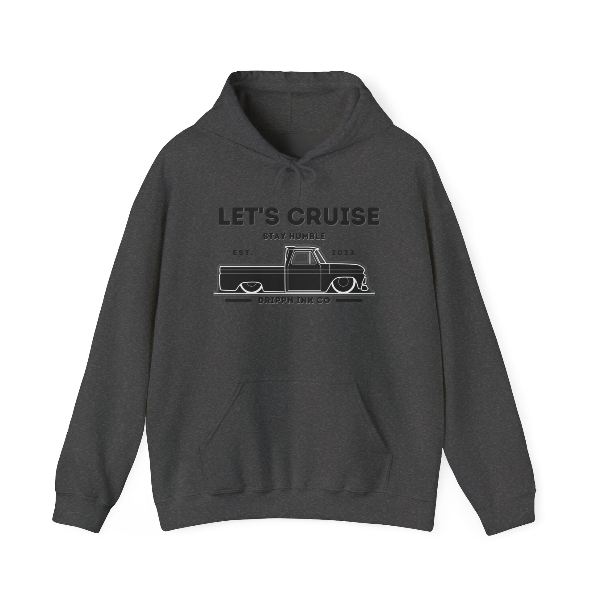 Dark heather hooded sweatshirt with the LET'S CRUISE Stay Humble chest print and slammed Chevy C10 line art