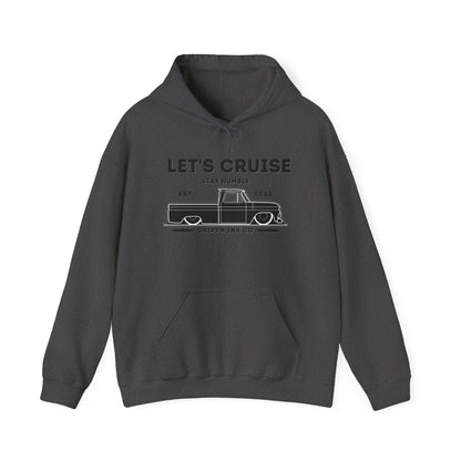 Dark heather hooded sweatshirt with the LET'S CRUISE Stay Humble chest print and slammed Chevy C10 line art