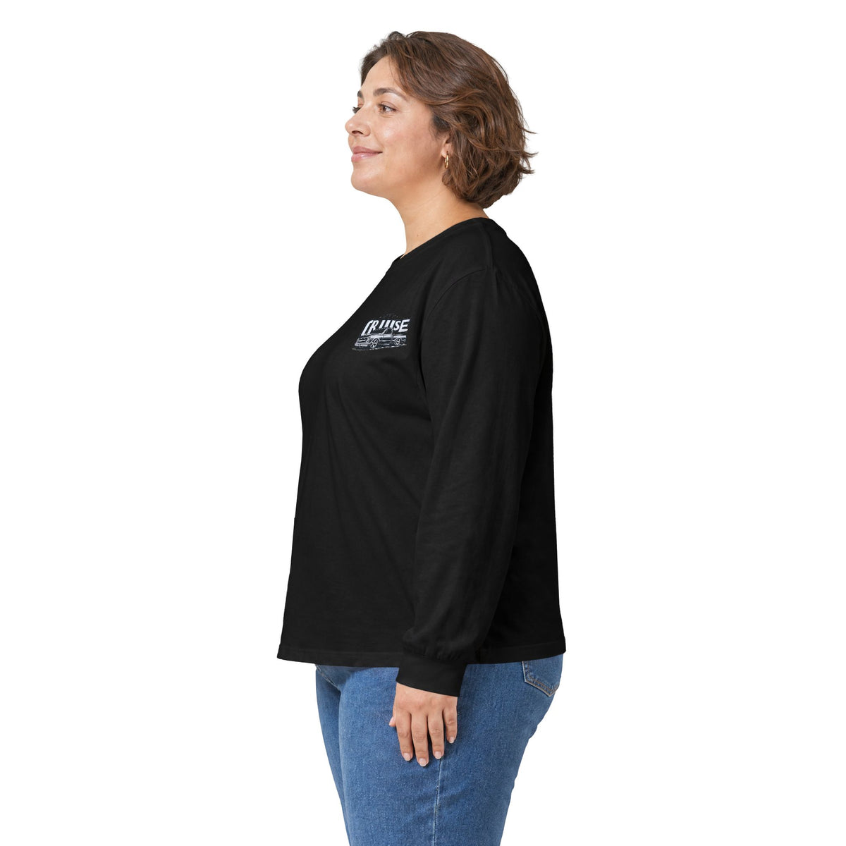 Woman wearing the black Let's Cruise long sleeve tee, small chest badge visible
