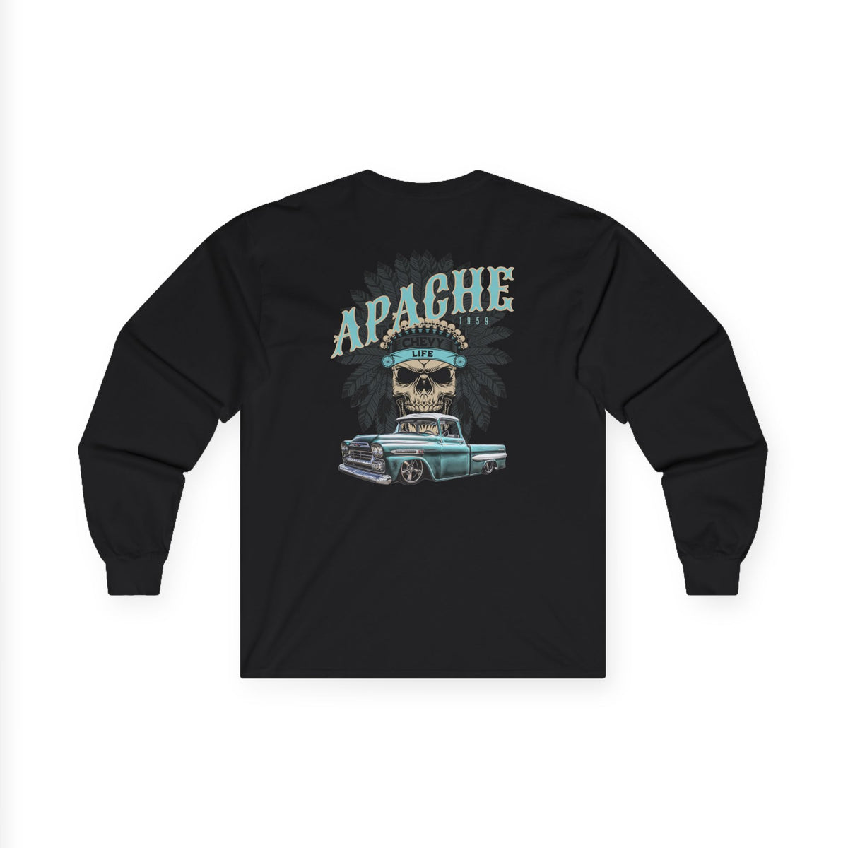 Back of the black long sleeve t-shirt with the same large Apache skull and teal pickup print.