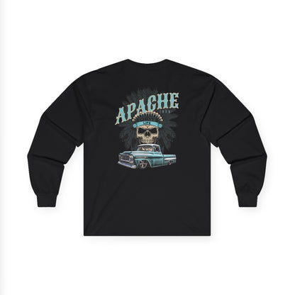 Back of the black long sleeve t-shirt with the same large Apache skull and teal pickup print.