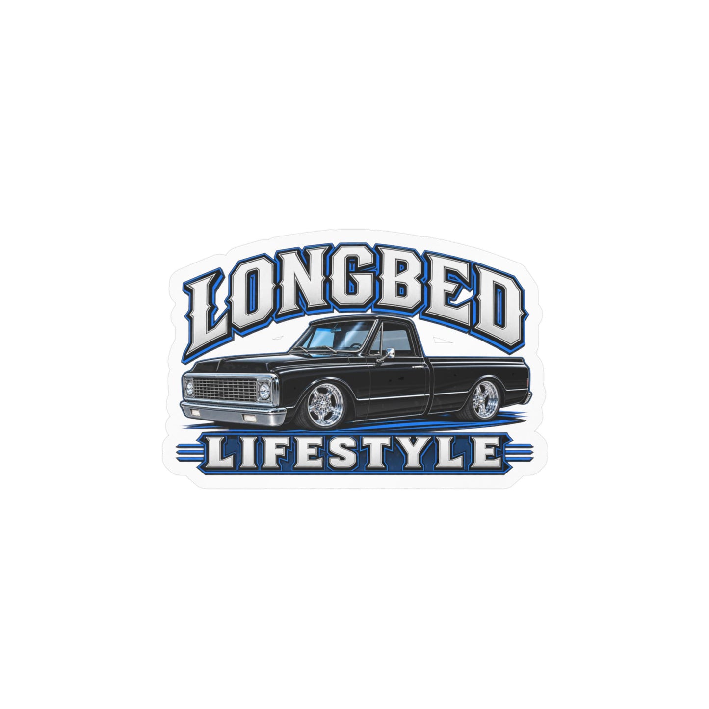Chevy C10 longbed sticker showing a slammed 1970s truck in black with chrome trim on polished five spoke wheels, kiss-cut vinyl decal by Drippn Ink