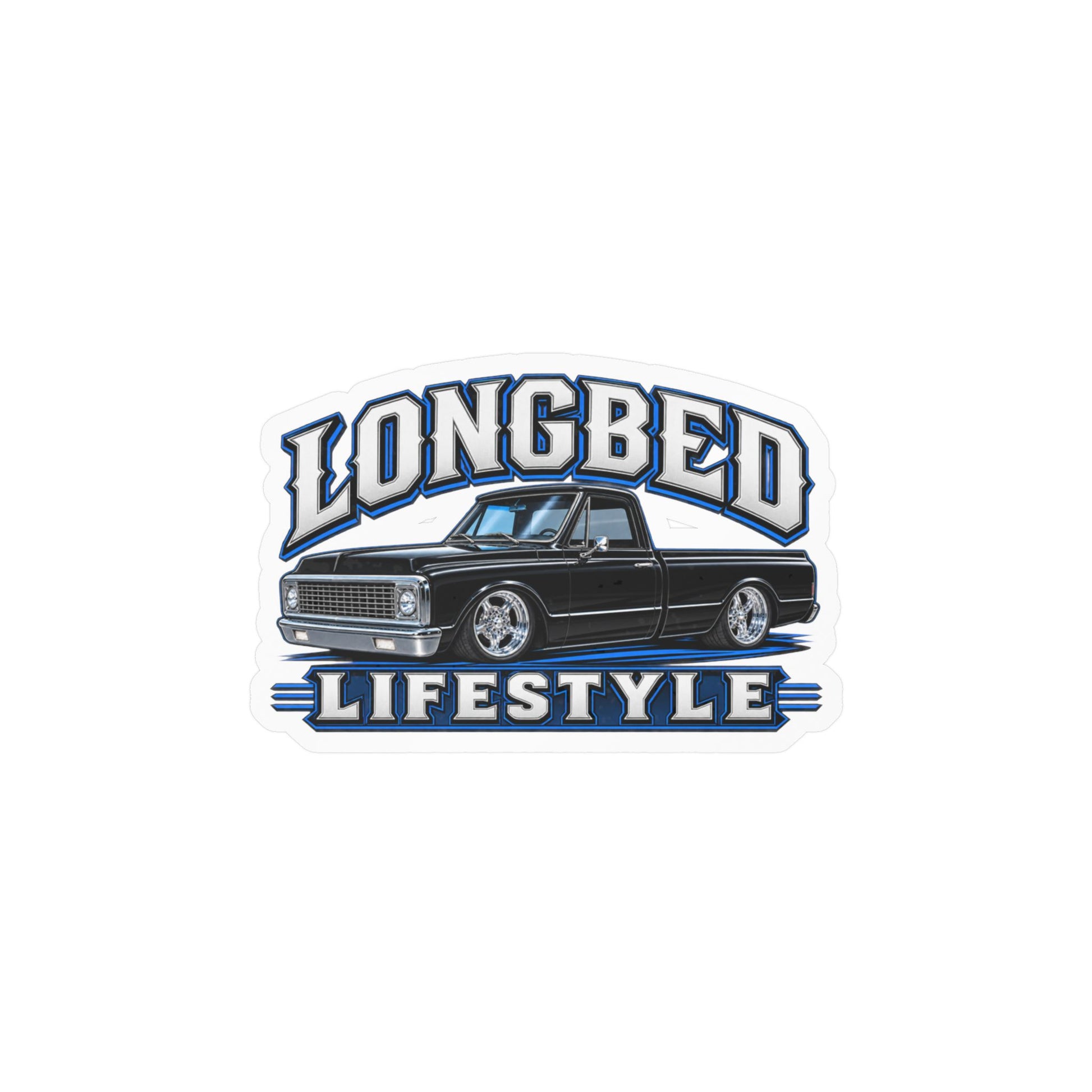 Chevy C10 longbed sticker showing a slammed 1970s truck in black with chrome trim on polished five spoke wheels, kiss-cut vinyl decal by Drippn Ink