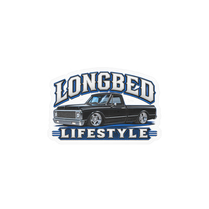 Chevy C10 longbed sticker showing a slammed 1970s truck in black with chrome trim on polished five spoke wheels, kiss-cut vinyl decal by Drippn Ink