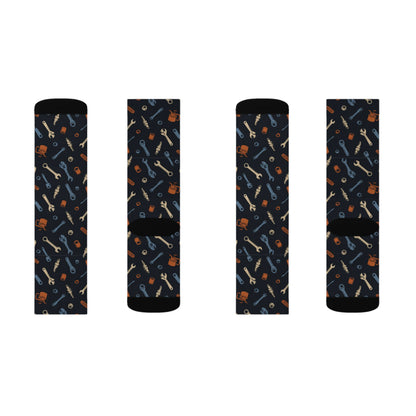 Drippn Ink Garage Tools Crew Socks, Vintage Wrench and Spark Plug Pattern, Mechanic Gift, Classic Truck Garage Style