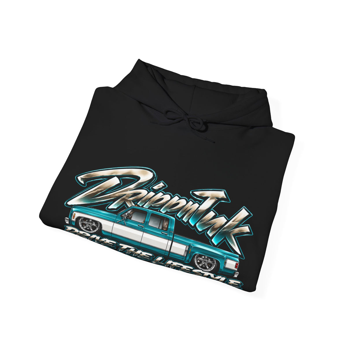Black Drive the Lifestyle hoodie folded to show the squarebody dually chest graphic up close