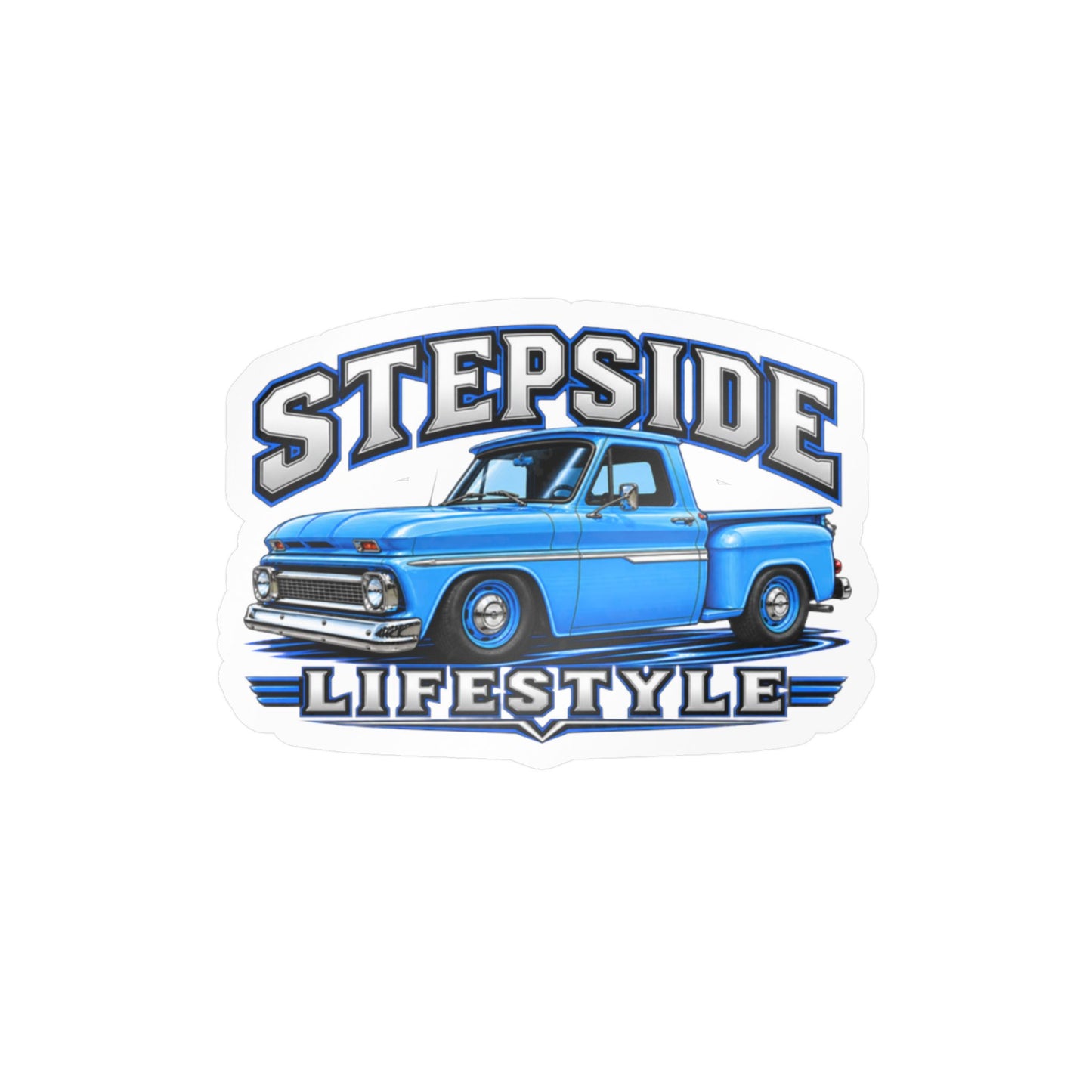 Chevy C10 stepside sticker showing a slammed 1960s truck in bright blue with chrome bumpers and blue steel wheels, kiss-cut vinyl decal by Drippn Ink