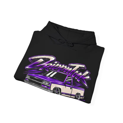 Drippn Ink Drive the Lifestyle black hoodie with a slammed purple and cream two tone OBS Chevy pickup truck graphic