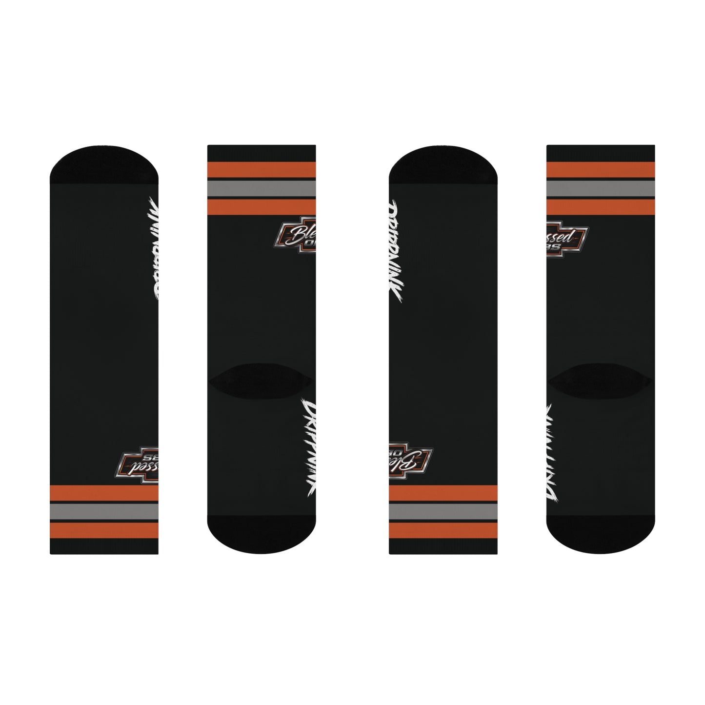 Blessed OBS crew socks featuring Chevy truck inspired logo with orange and silver racing stripes on black fabric.