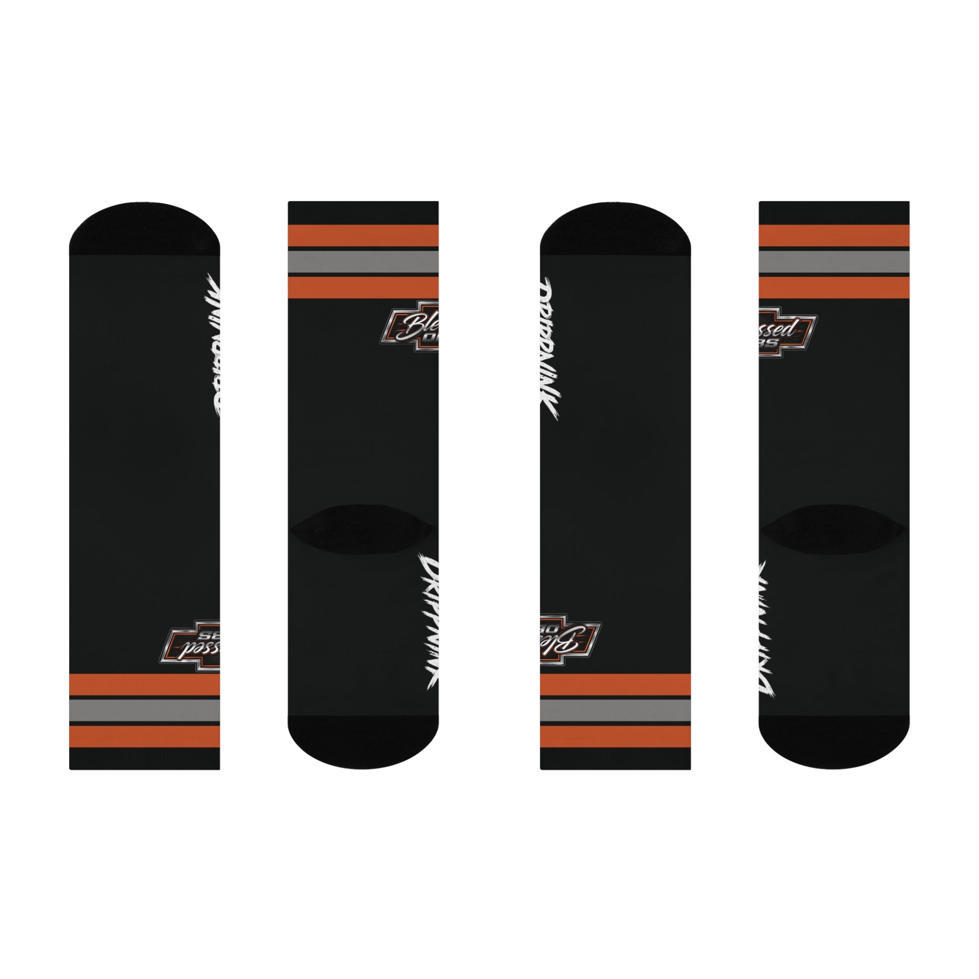 Blessed OBS crew socks featuring Chevy truck inspired logo with orange and silver racing stripes on black fabric.