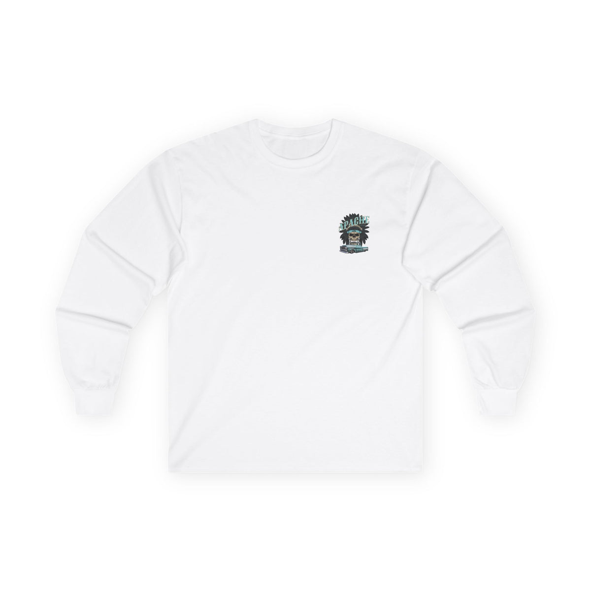 White long sleeve t-shirt laid flat with a small left chest print of a skull in a feathered headdress above a classic pickup truck.