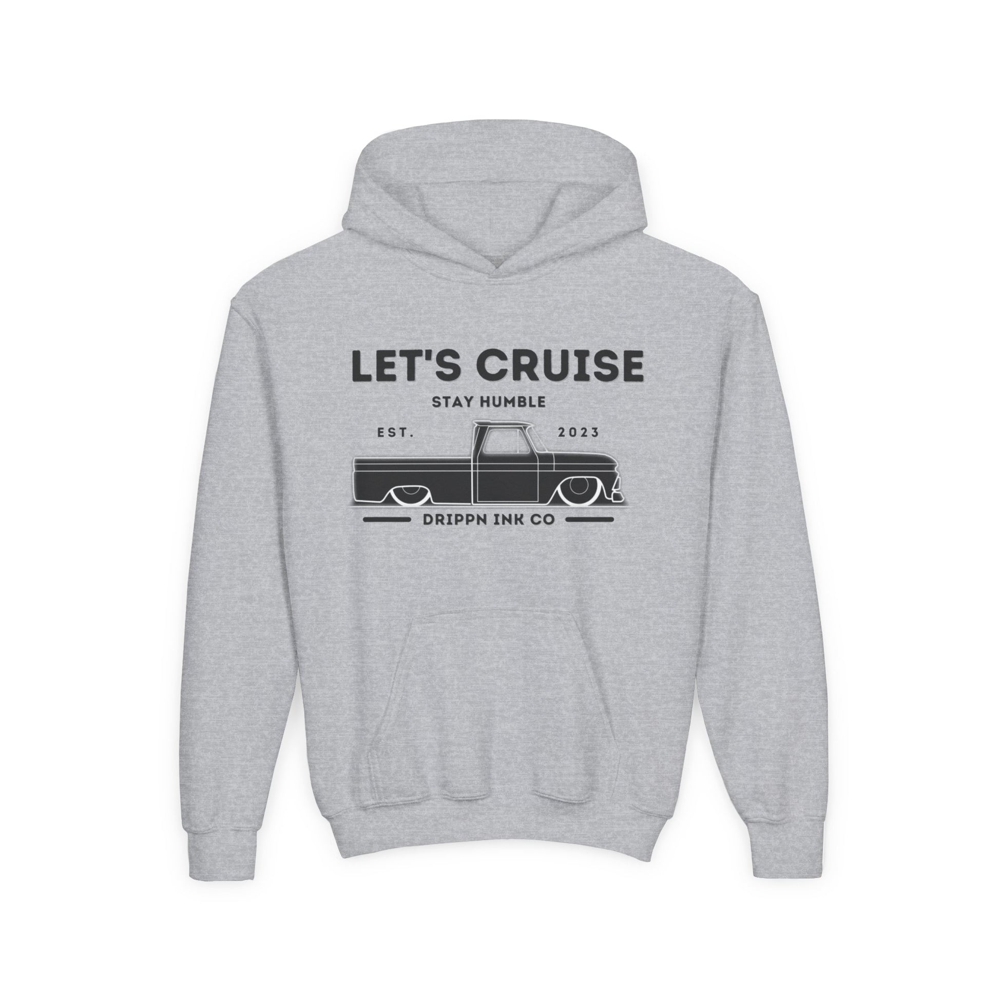 Grey kids hoodie laid flat, front print reading Let's Cruise above Stay Humble, a lowered classic pickup truck, and Drippn Ink Co along the bottom.