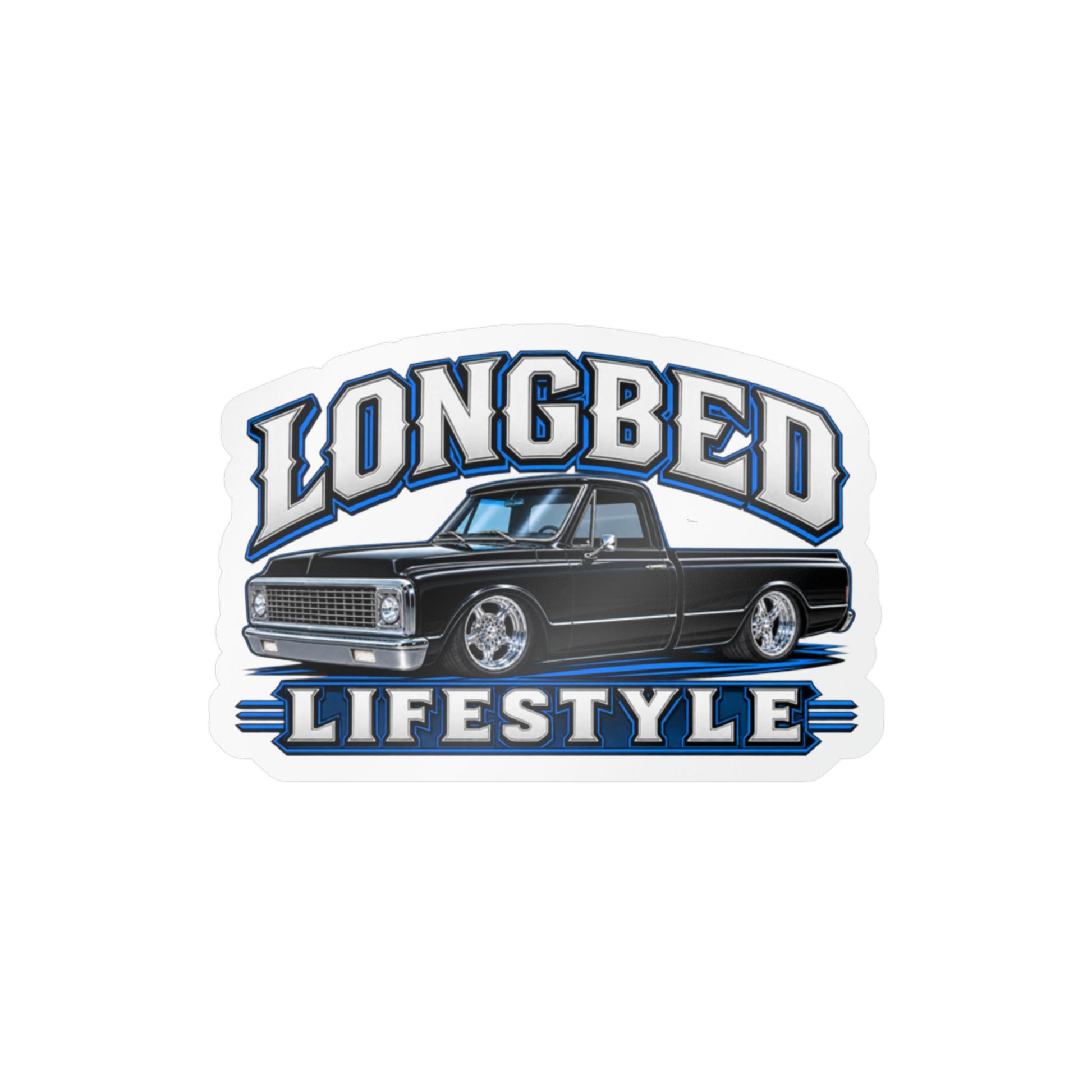 Chevy C10 longbed sticker showing a slammed 1970s truck in black with chrome trim on polished five spoke wheels, kiss-cut vinyl decal by Drippn Ink