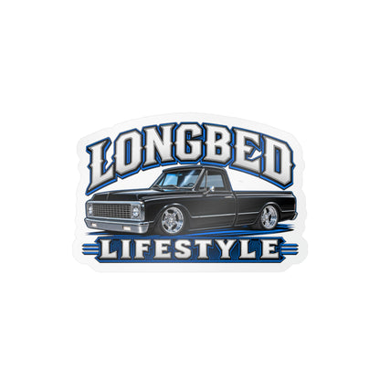 Chevy C10 longbed sticker showing a slammed 1970s truck in black with chrome trim on polished five spoke wheels, kiss-cut vinyl decal by Drippn Ink