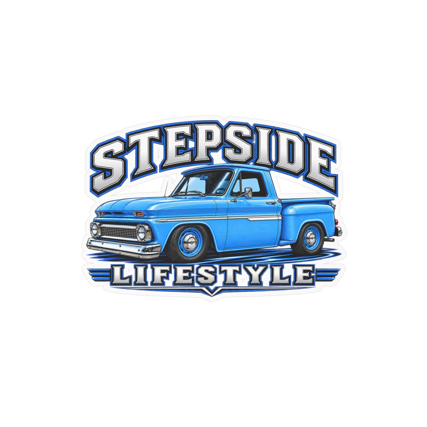 Chevy C10 stepside sticker showing a slammed 1960s truck in bright blue with chrome bumpers and blue steel wheels, kiss-cut vinyl decal by Drippn Ink