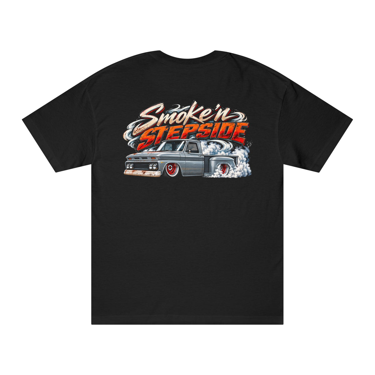 Back of a black Smoke'n Stepside t-shirt with a large graphic of a slammed patina Chevy stepside pickup doing a burnout