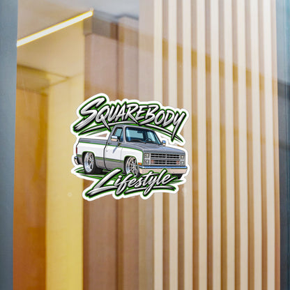 Chevy squarebody sticker showing a slammed 1980s C10 in silver and white with green pinstripes on polished billet wheels, kiss-cut vinyl decal by Drippn Ink